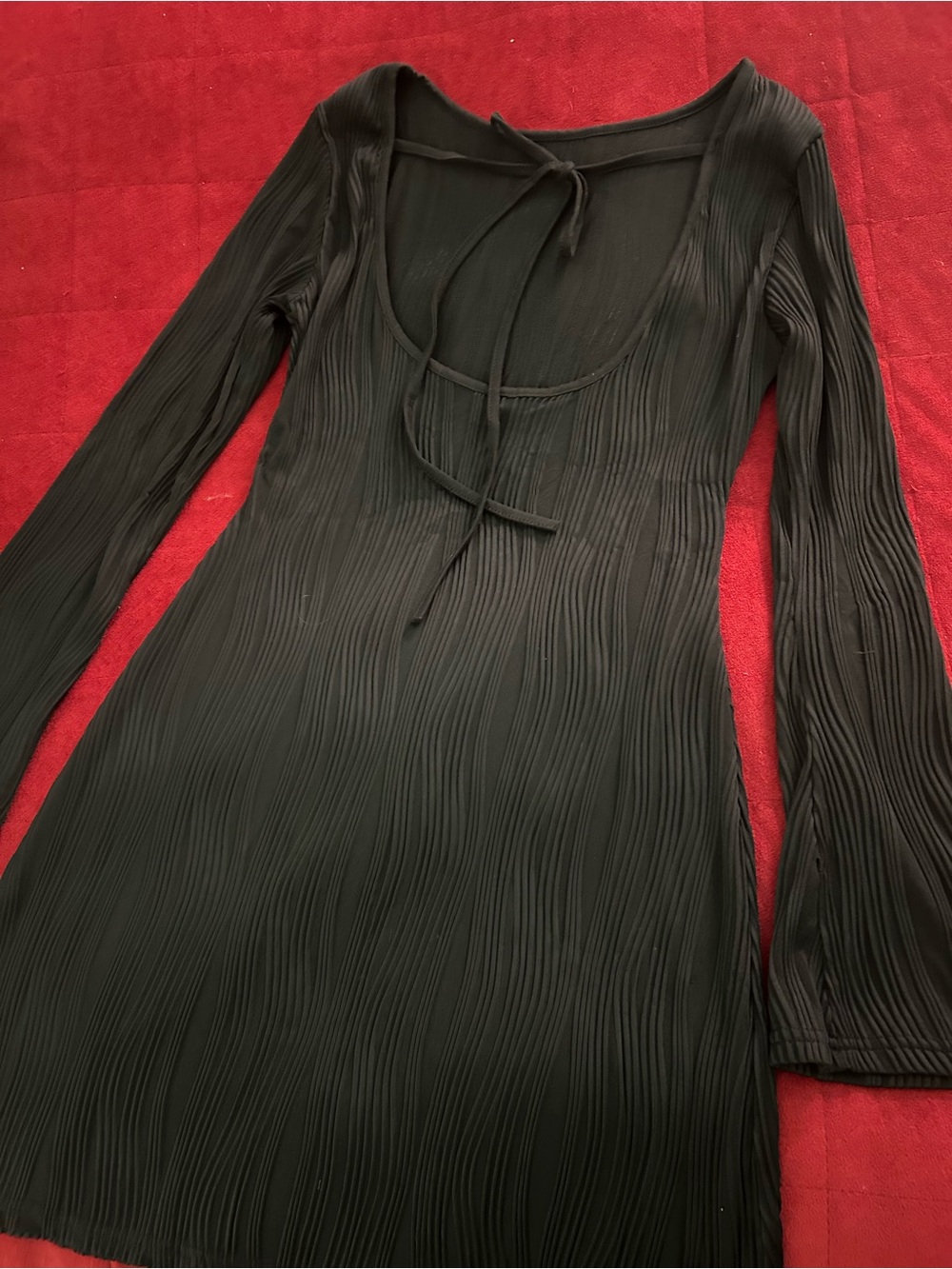 Black Long-Sleeve Pleated Scoop Neck Dress